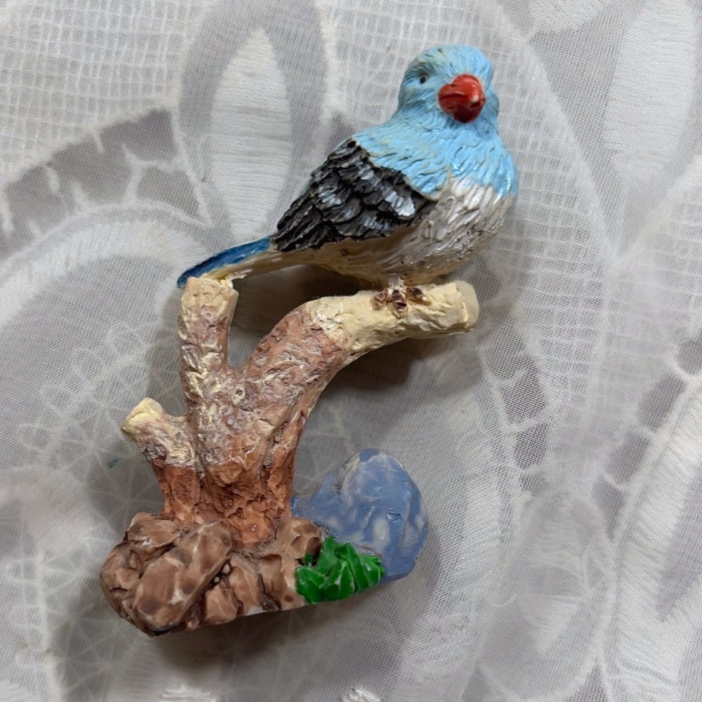 Cottagecore Miniature Blue Bird Figurine on Tree Branch Perch Nature Decor